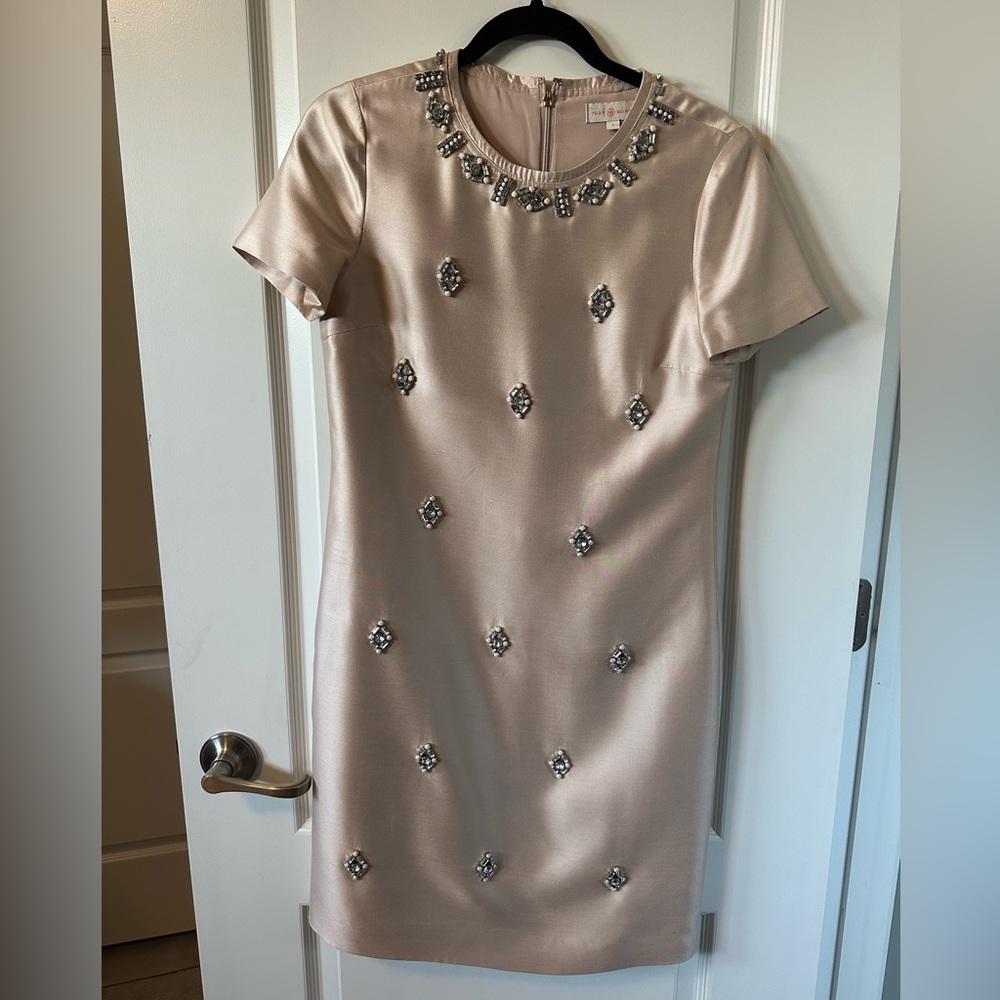 Tory Burch pastel pink silk dress with jewel embellishments.